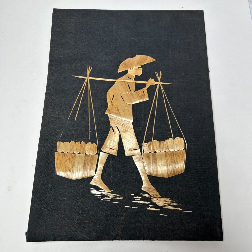 Vintage Asian Folk Art Straw on Black Linen Fabric Framed Wall Art Handmade READ